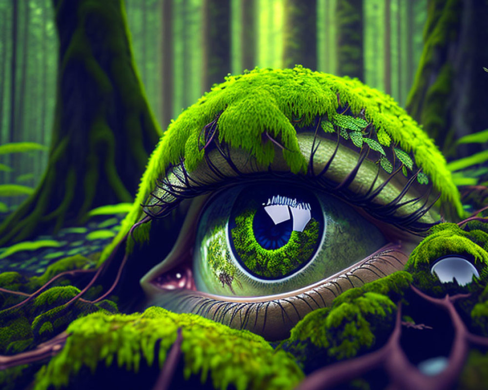 Surreal image of green eye in forest setting