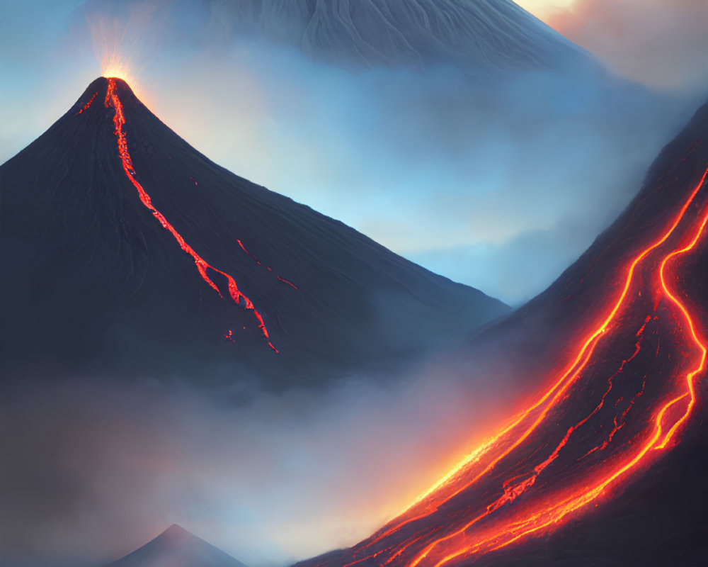 Person facing erupting volcano and snow-capped mountain under ominous sky