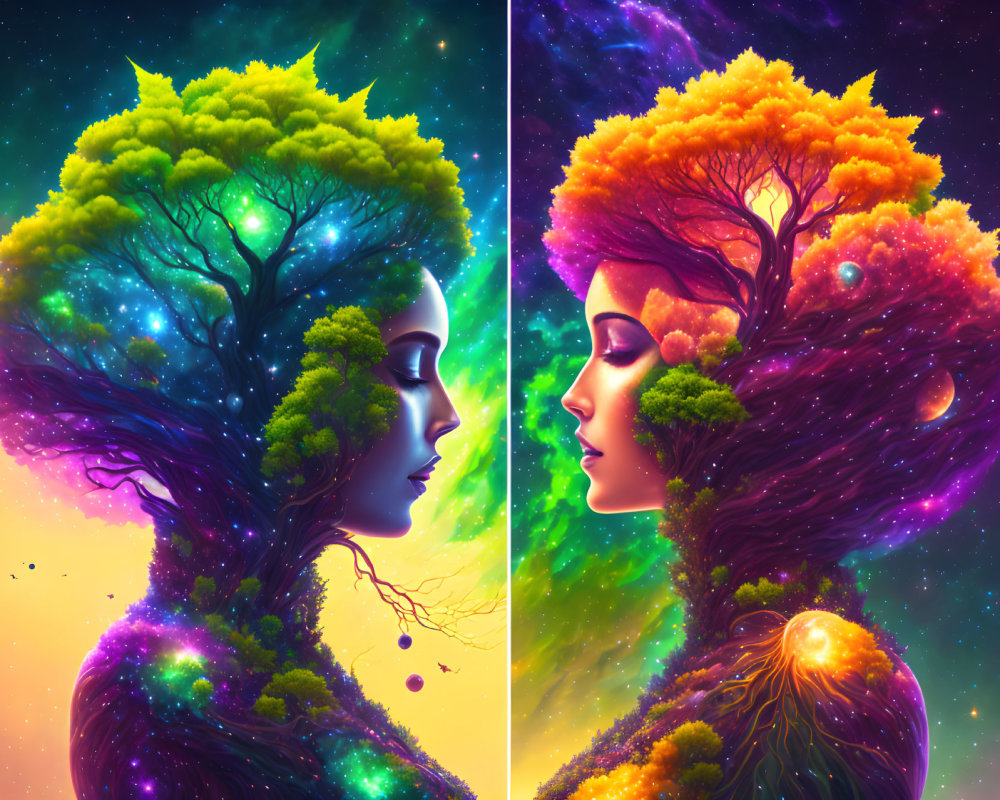 Colorful dual tree profiles on cosmic backdrop with transitioning foliage