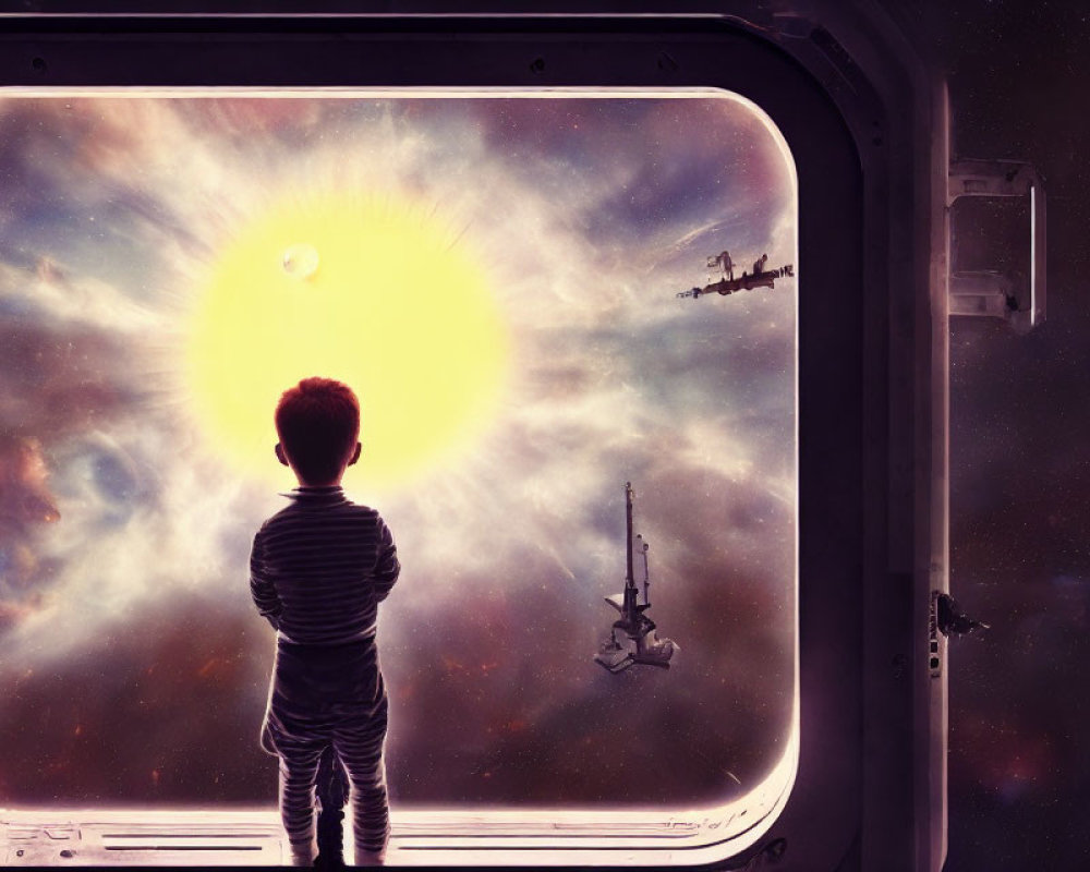 Child observing vibrant cosmic scene from spaceship window
