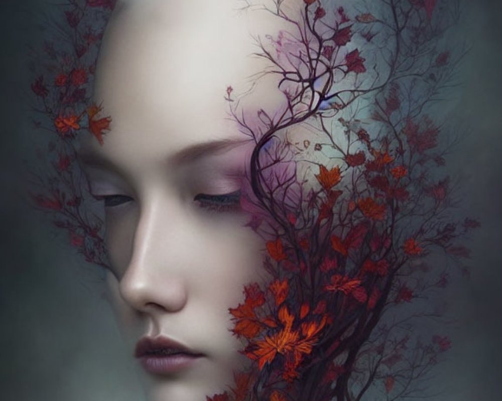 Portrait of person with pale skin and red leaves in hair exudes serene, mystical vibe