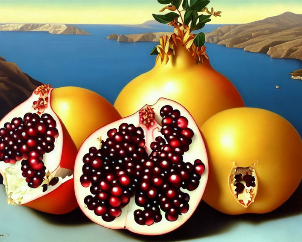 Surrealistic painting of three pomegranates by blue sea