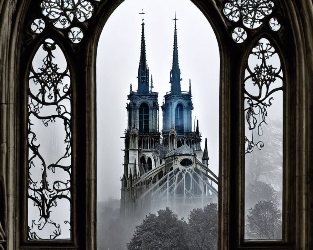 Gothic cathedral spires in mist through ornate window frame