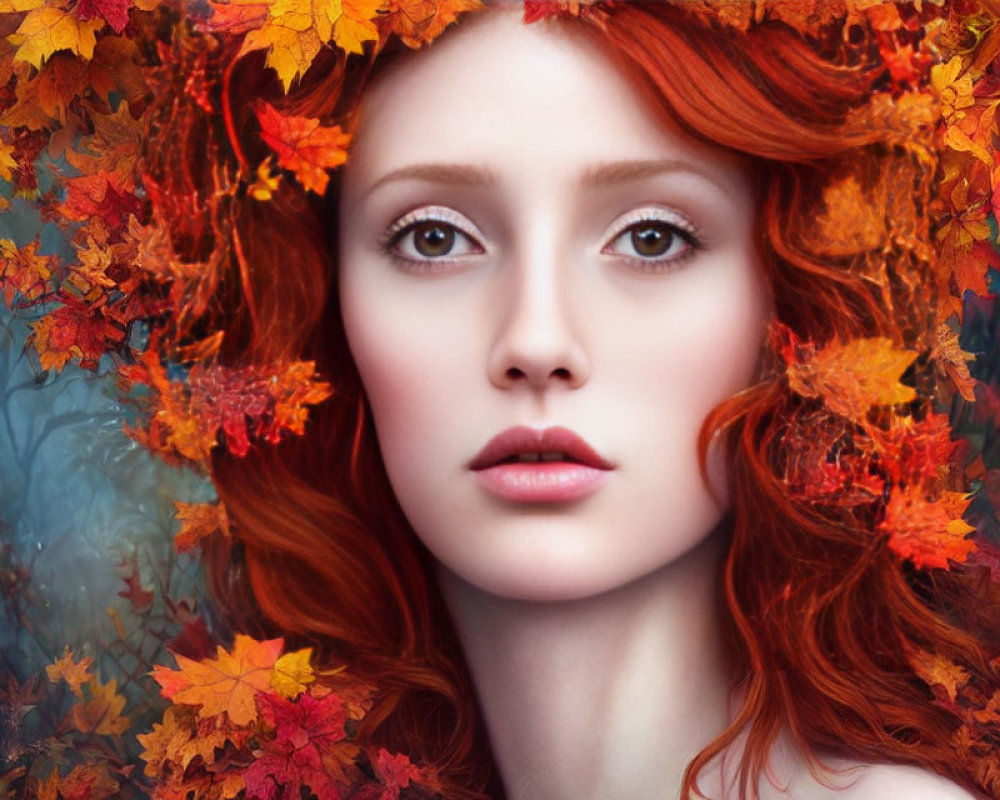 Vibrant red-haired woman in autumn leaves with ethereal fall-inspired look