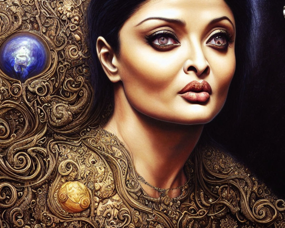 Elaborately detailed surreal portrait with golden patterns and Earth in a bubble