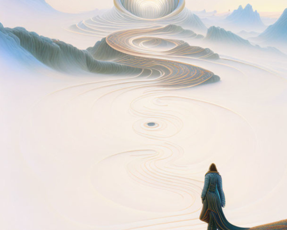 Surreal landscape with swirling sky patterns and lone figure overlooking valley