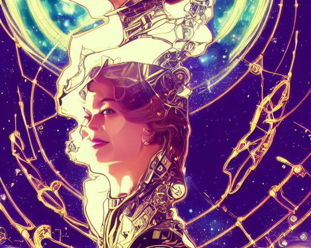Futuristic artwork: Women with cybernetic enhancements in cosmic setting
