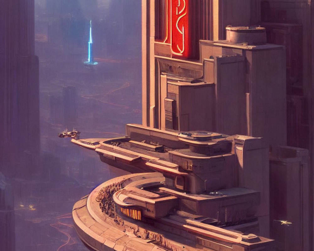 Futuristic cityscape with towering structures and figures on platform