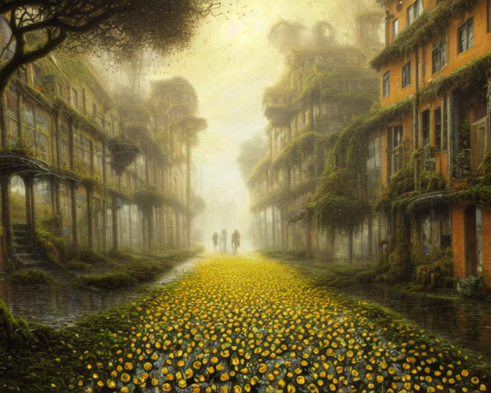 Couple walking on path surrounded by yellow petals and ivy-covered buildings in misty setting