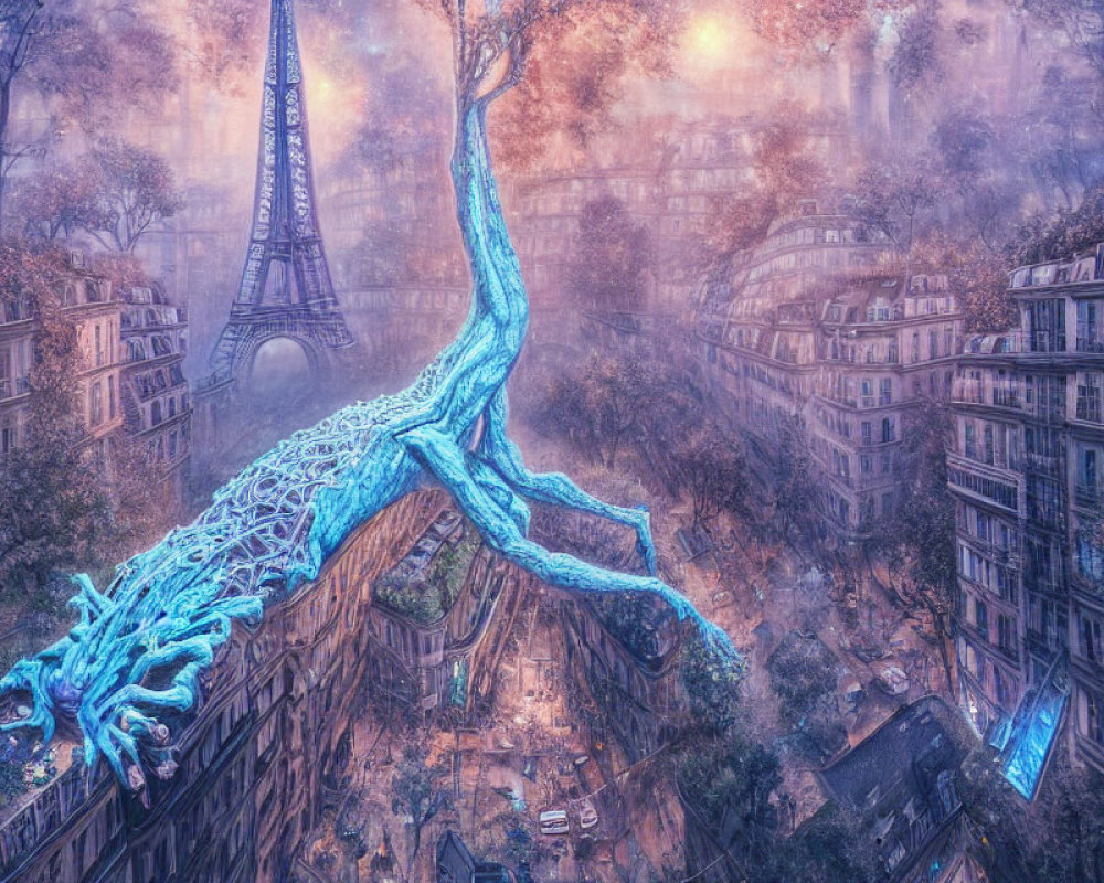 Giant blue tree over Paris-like cityscape with Eiffel Tower in misty setting