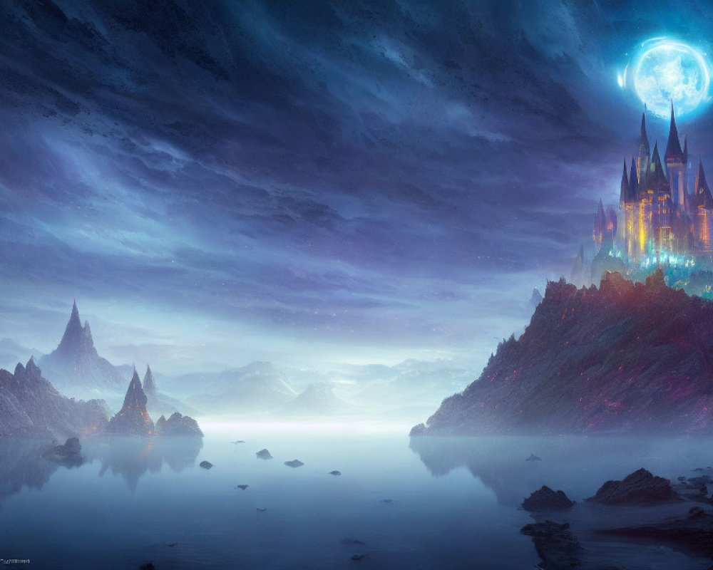 Fantasy landscape with illuminated castle, celestial body, mountains, reflective water, twilight sky