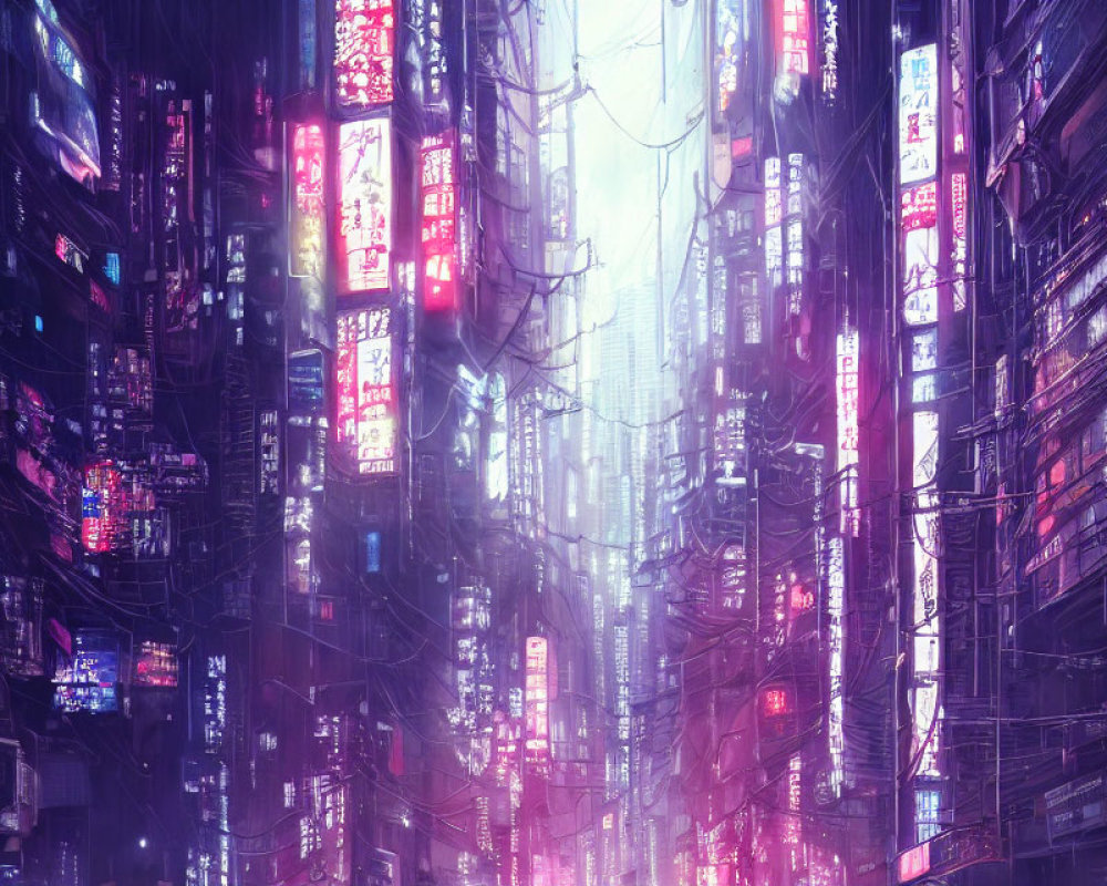Neon-lit cyberpunk cityscape with towering buildings and glowing signs