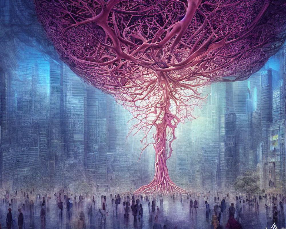 Giant pink tree floats over futuristic cityscape
