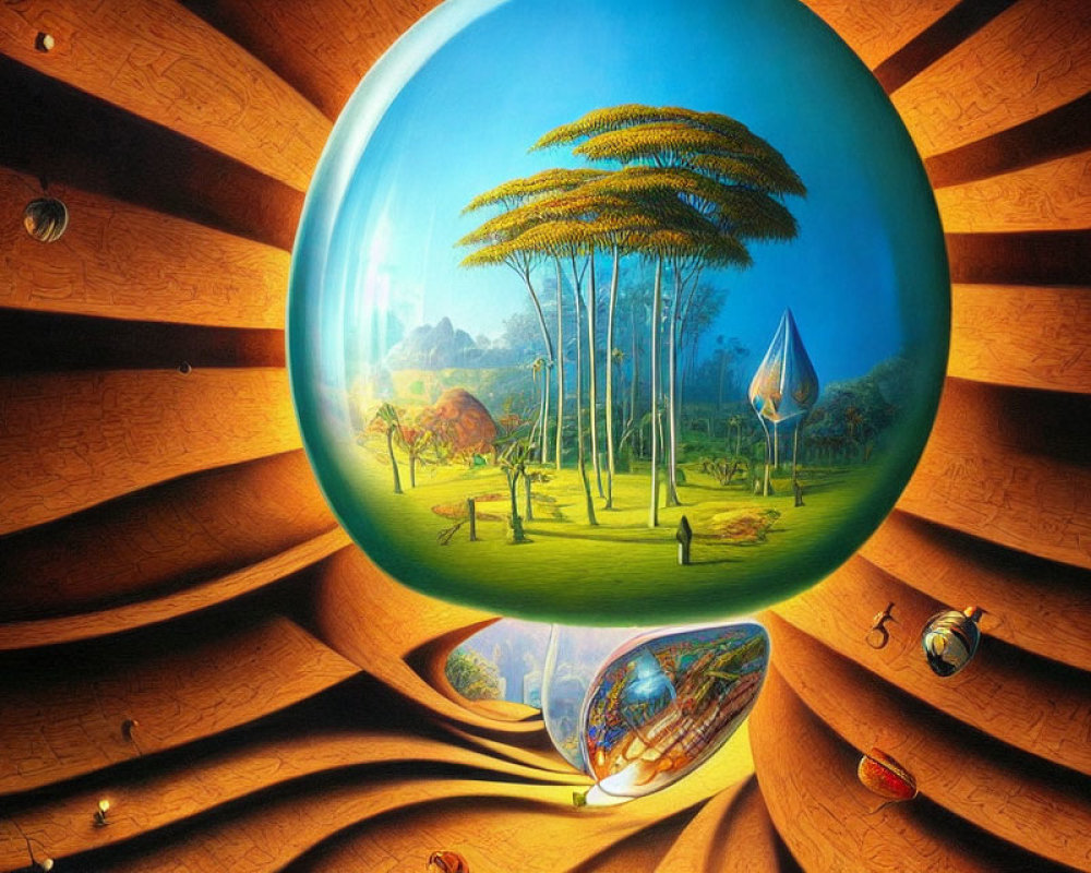Surrealistic painting of transparent sphere in wooden structure
