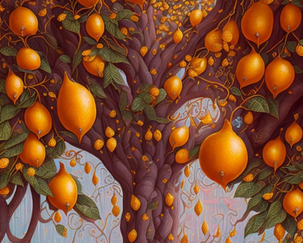 Illustration of Purple Tree with Orange Fruits and Blue Background