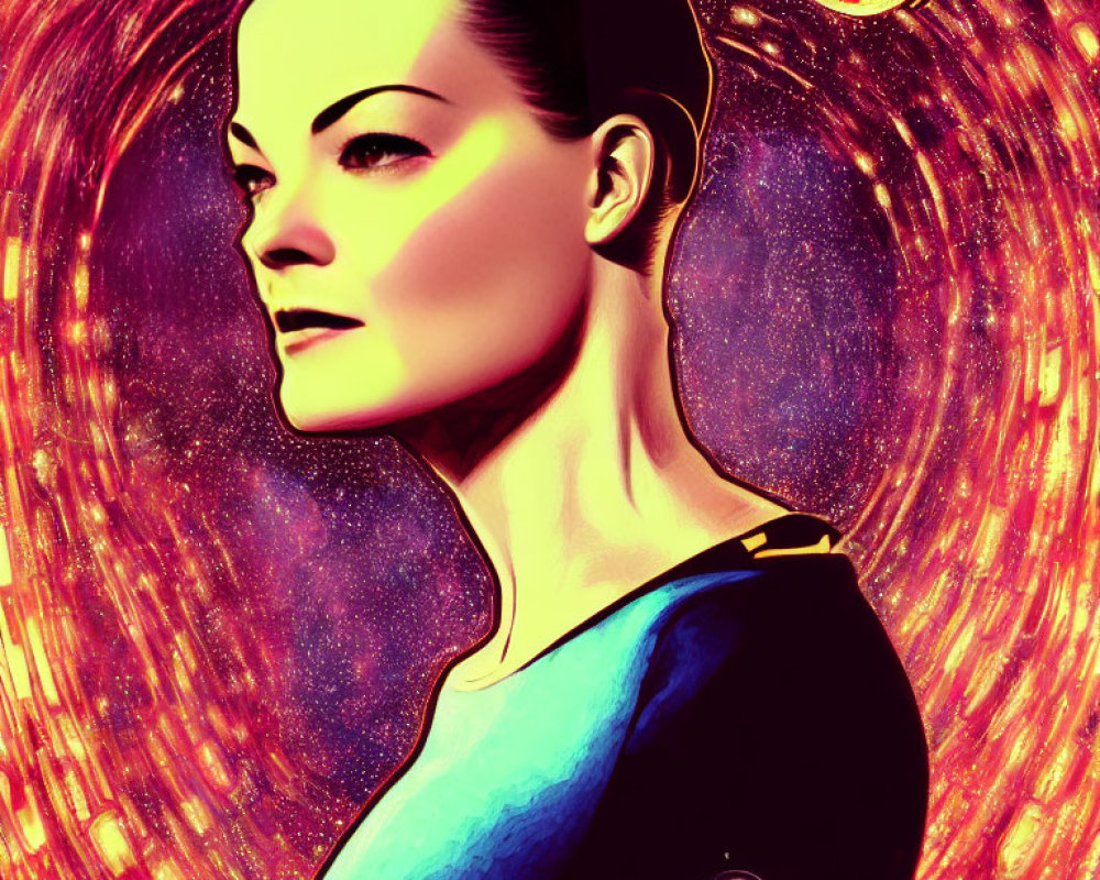 Colorful Stylized Portrait of Woman with Cosmic Background