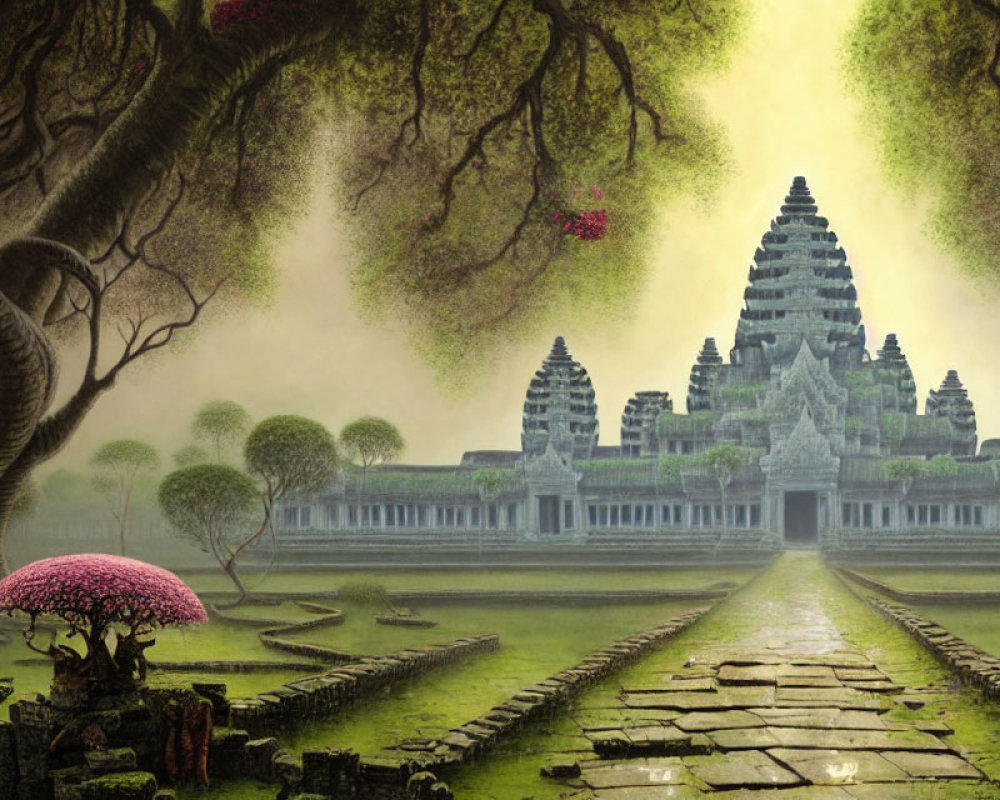 Ancient Angkor Wat Temple with Intricate Towers in Mystical Setting