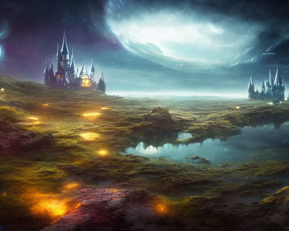 Mystical Landscape with Illuminated Castles and Celestial Sky