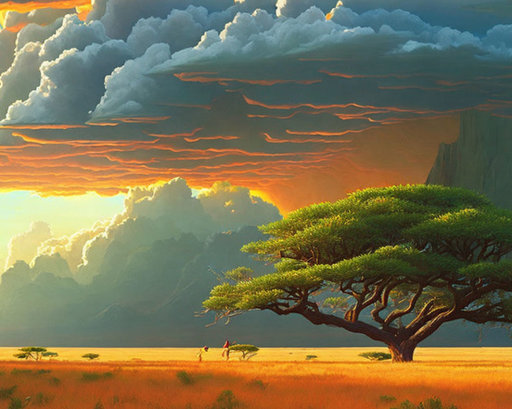 Vivid African savannah sunset with acacia tree and distant cliffs