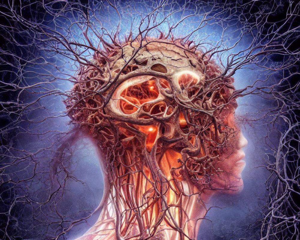 Detailed artwork: Human head intersected by tree branches