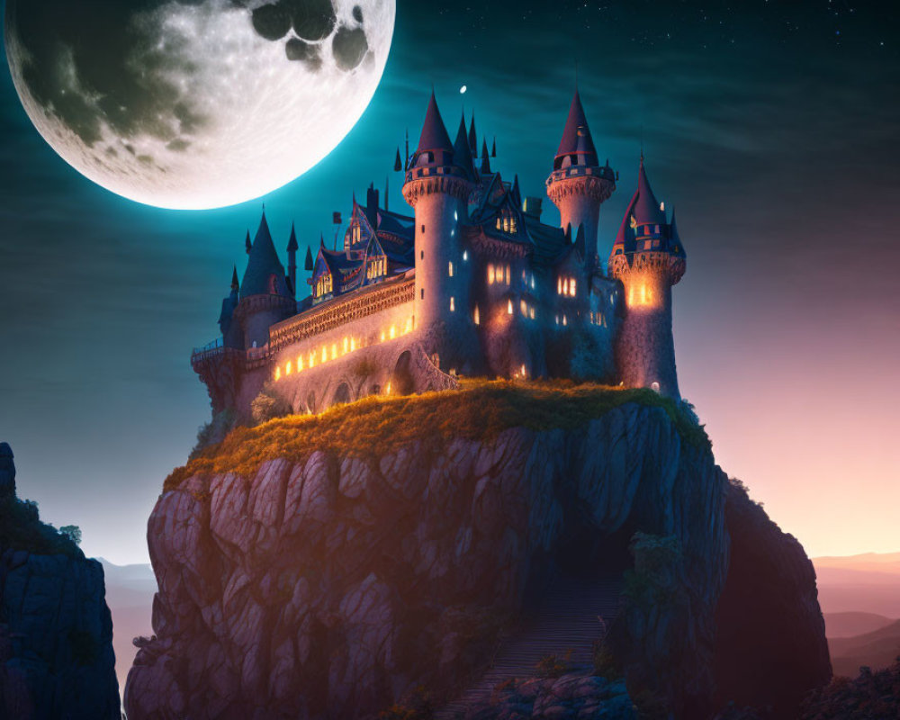 Castle on rocky cliff under starry sky with rising moon