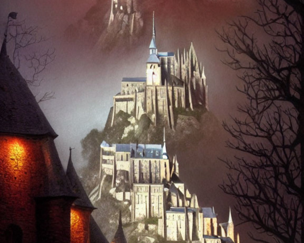 Mystical castle at dusk with warm lights on hilltop