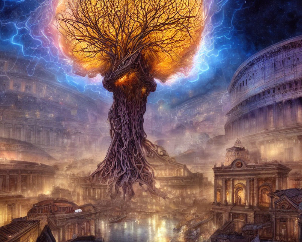 Mystical glowing tree in ancient illuminated ruins under stormy sky