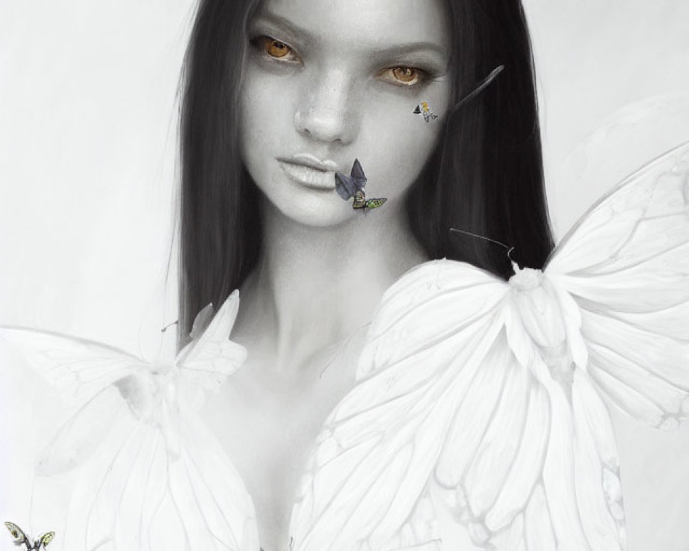 Monochrome artwork featuring woman with dark hair, golden eyes, and butterflies