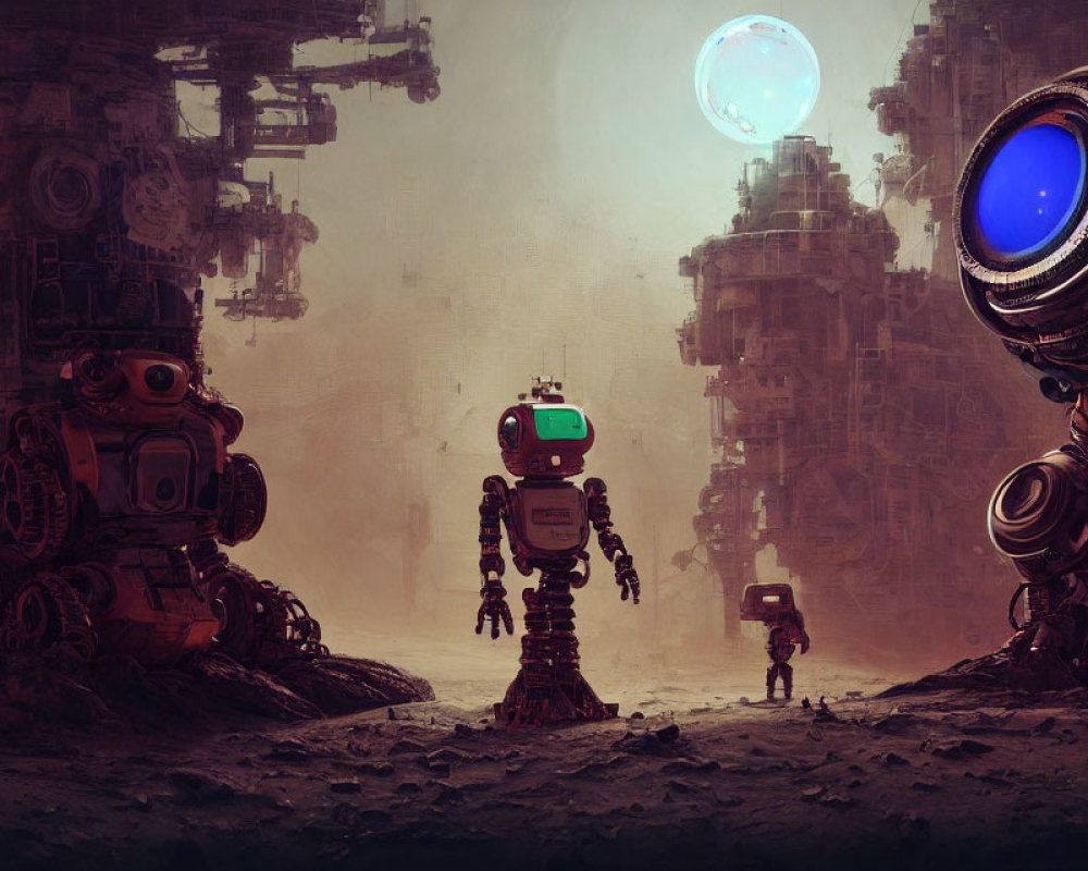 Three unique robots in dystopian landscape with industrial structures and two moons