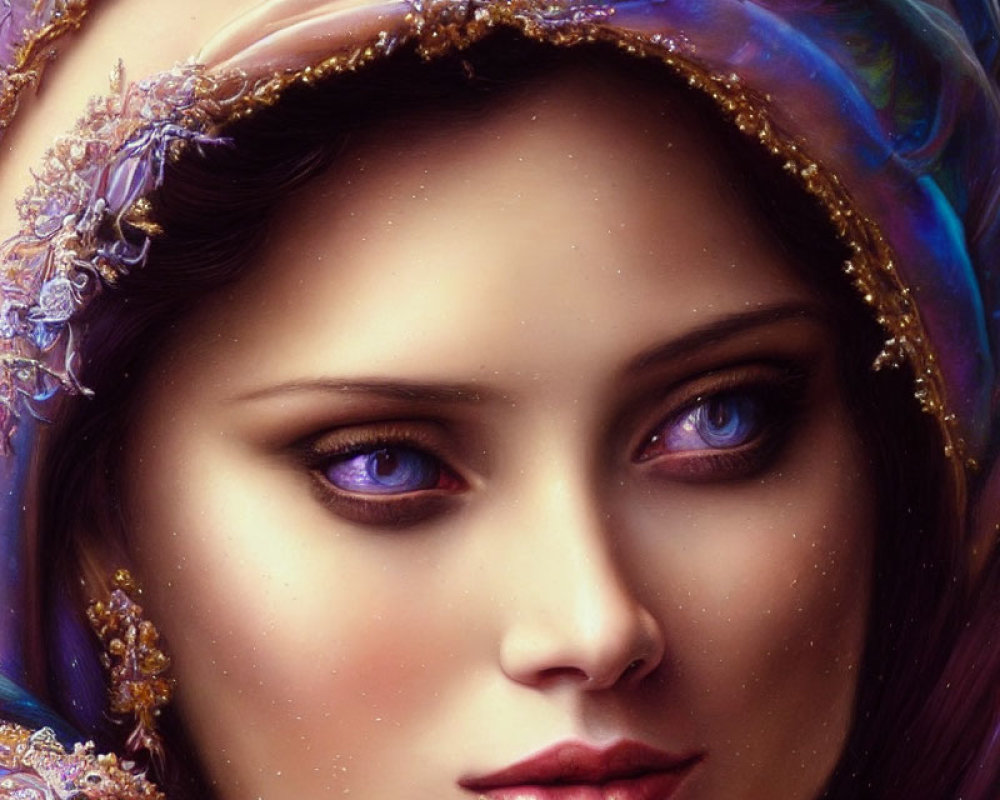 Detailed Close-up of Woman with Striking Blue Eyes and Ornate Headpiece