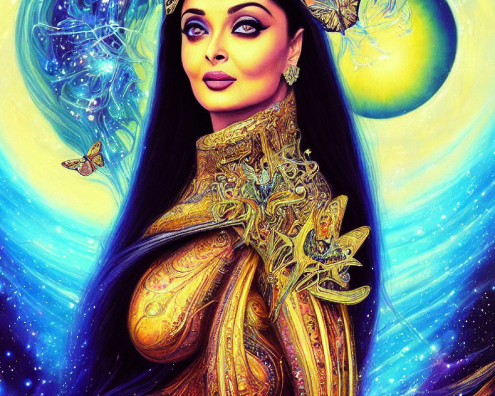Illustration of woman with dark hair in gold attire surrounded by cosmic elements