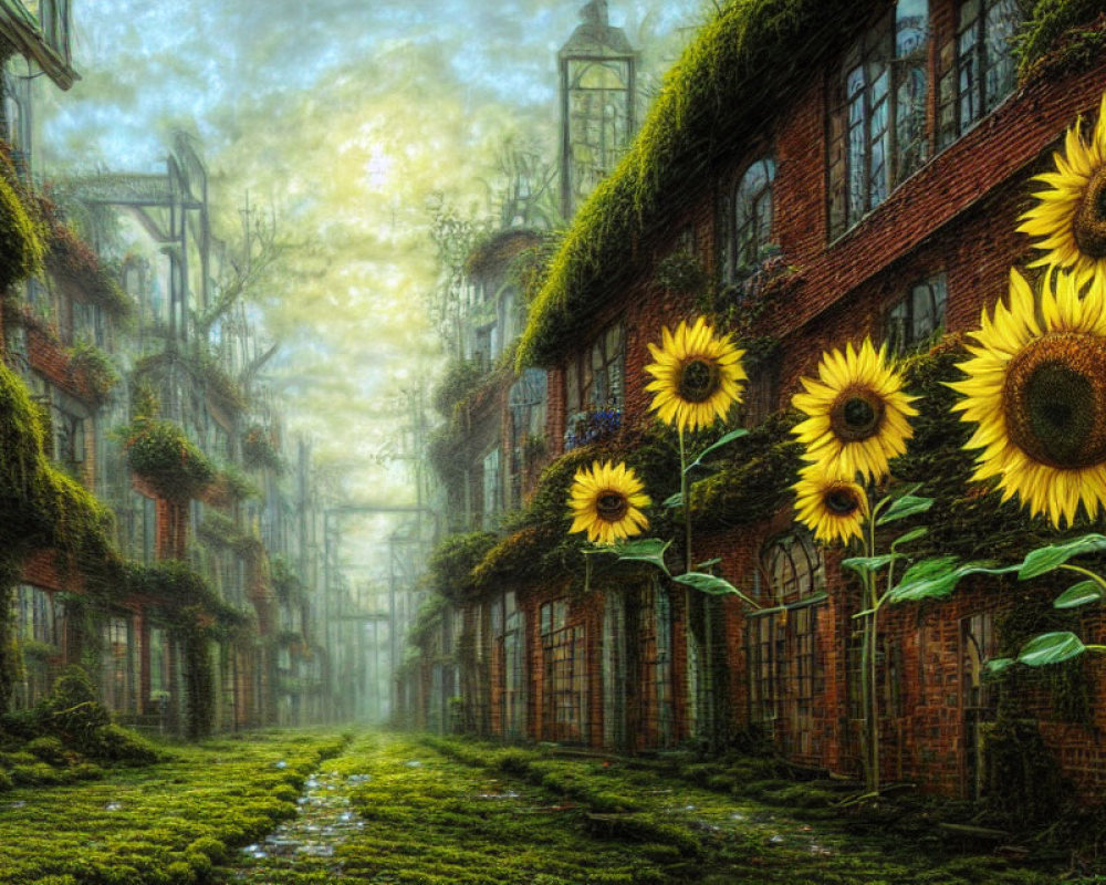 Fantasy cobblestone street with ivy-covered brick buildings and sunflowers under misty sky