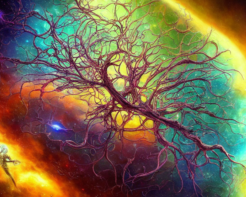 Colorful digital artwork: Cosmic scene with tree-like structure, swirling colors, astronaut.