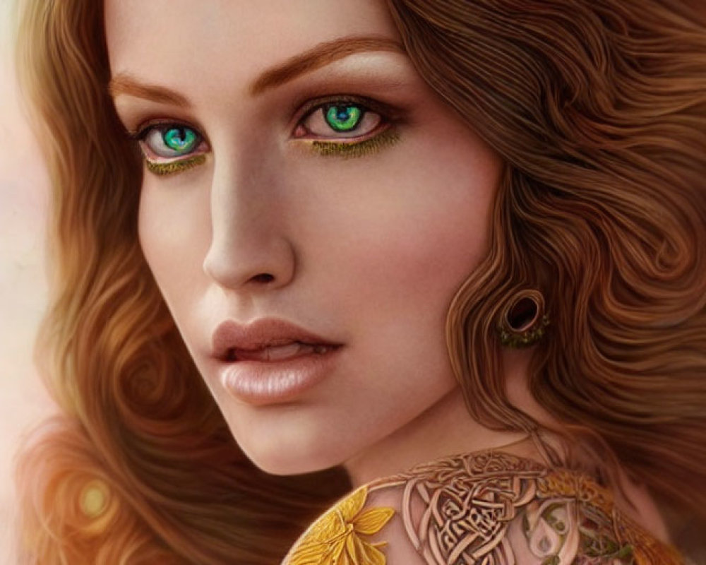 Digital Artwork: Woman with Auburn Hair, Green Eyes, and Floral Tattoo