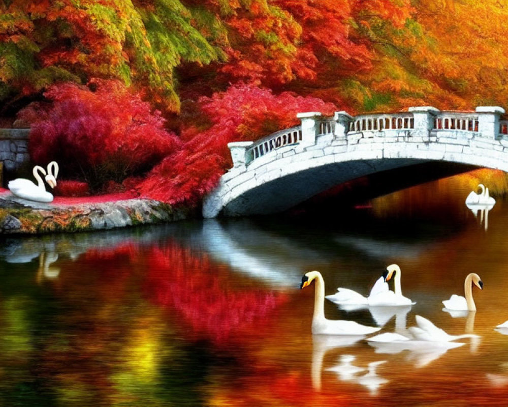 Tranquil autumn landscape with swans on reflective lake and stone bridge