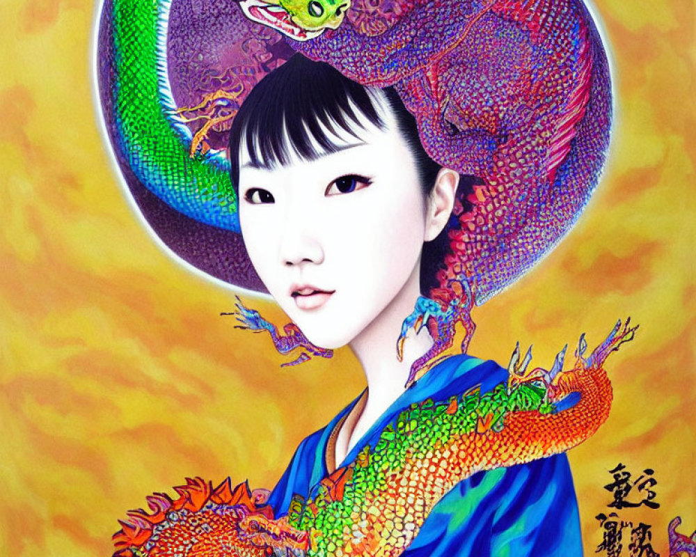 Colorful Oriental Dragon Artwork Featuring Young Woman on Warm Yellow Background