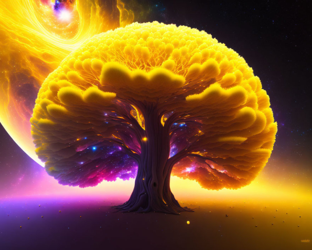 Majestic tree with golden canopy in cosmic digital artwork