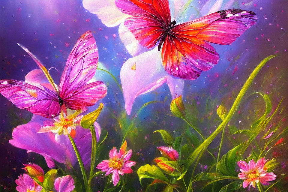 Colorful artwork with pink butterflies, flowers, and iridescent hues