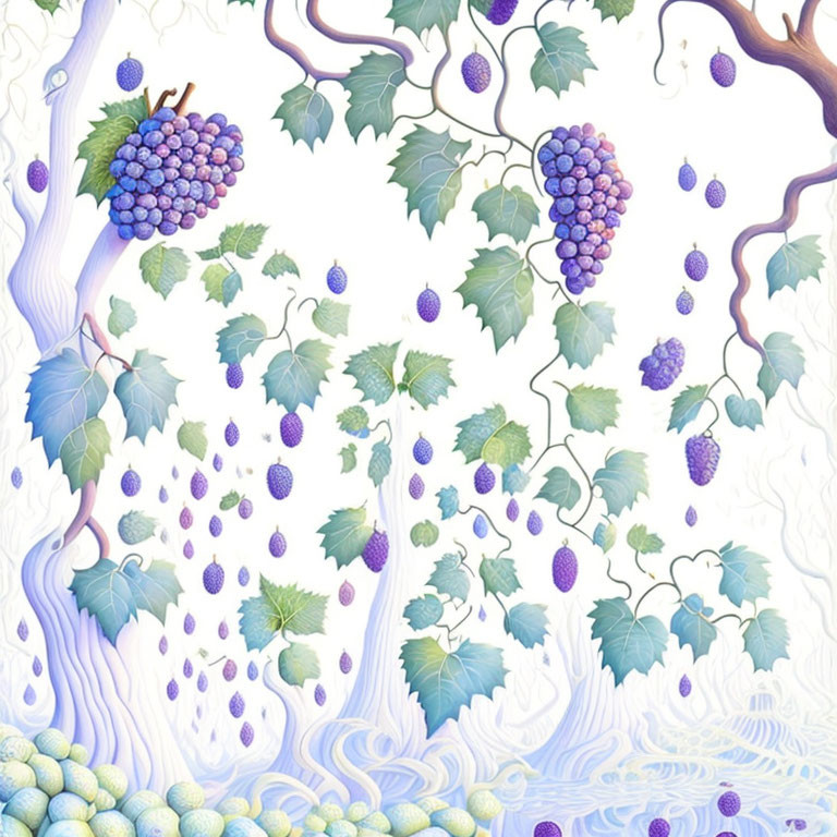 Stylized grapevine illustration with purple clusters and green leaves