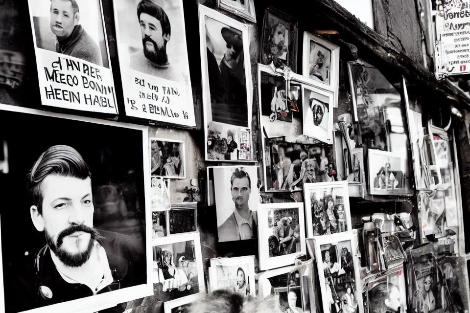 Monochrome wall covered with diverse photographs and posters