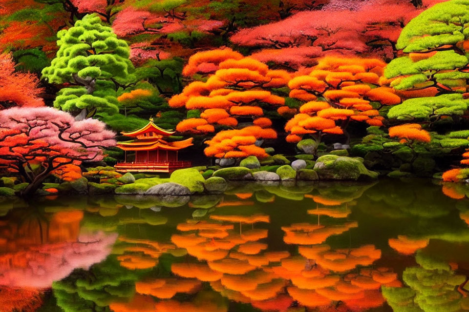 Japanese Garden with Red Temple, Green & Orange Trees, Tranquil Pond