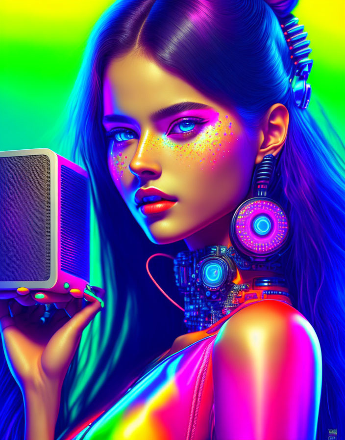 Colorful digital artwork of woman with speaker, futuristic headphones, and glowing makeup