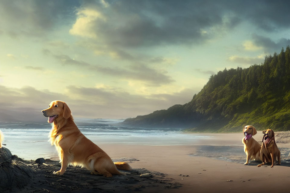 Three Golden Retrievers on Beach at Sunset: One Sitting Alone, Two Together