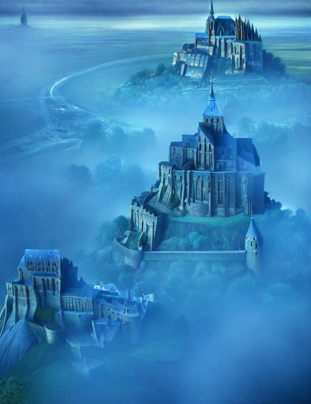 Mystical castle on hill with fog at dusk or dawn