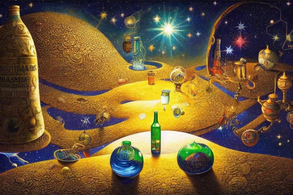 Surreal artwork with starry sky, golden sand, cosmic elements, bottle, glassware,