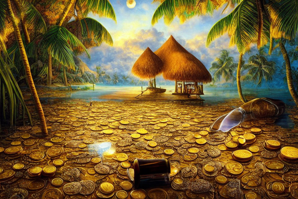 Tropical beach sunset with palm trees, huts, boat, treasures, and message in a bottle