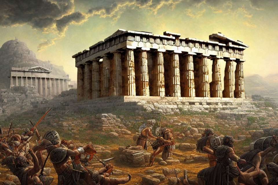 Ancient Greek warriors battle near Parthenon ruins under dramatic sky