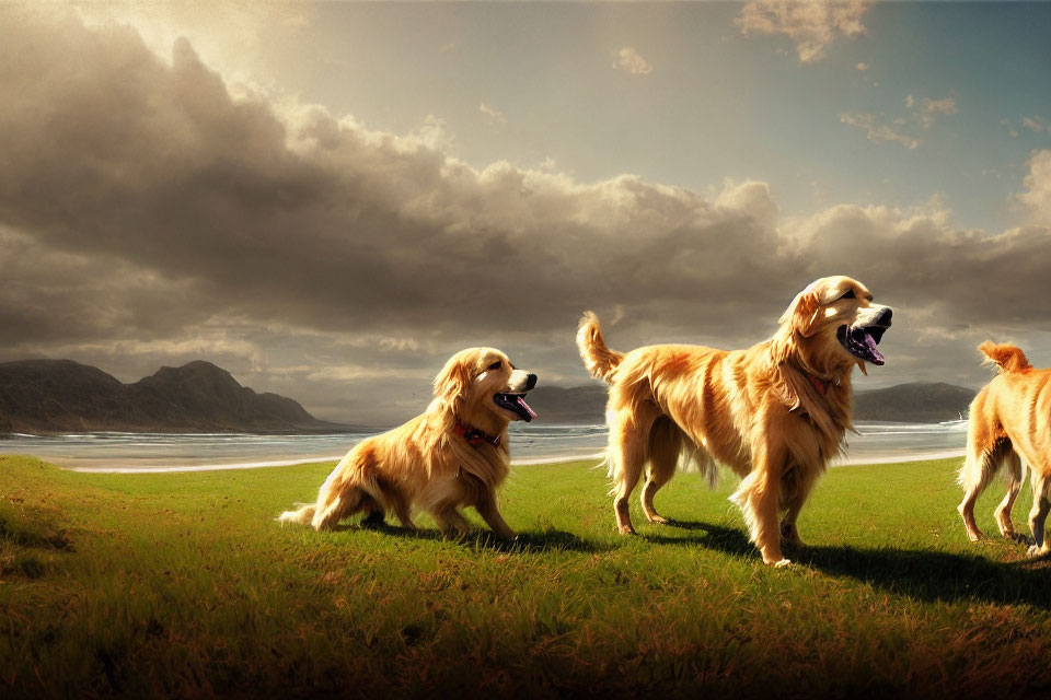 Three Golden Retrievers Playing on Green Field with Mountain Backdrop