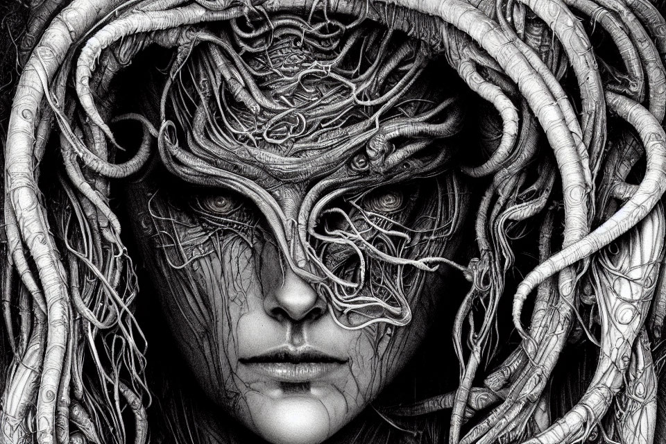 Monochrome fantasy art: Person with intricate root-like structures on head and face