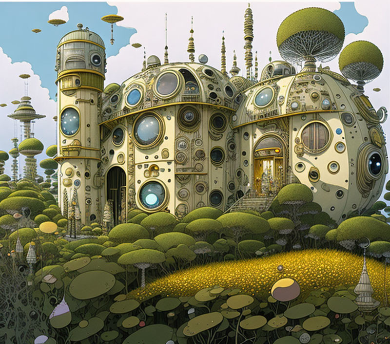 Steampunk-style structure with circular windows in lush greenery